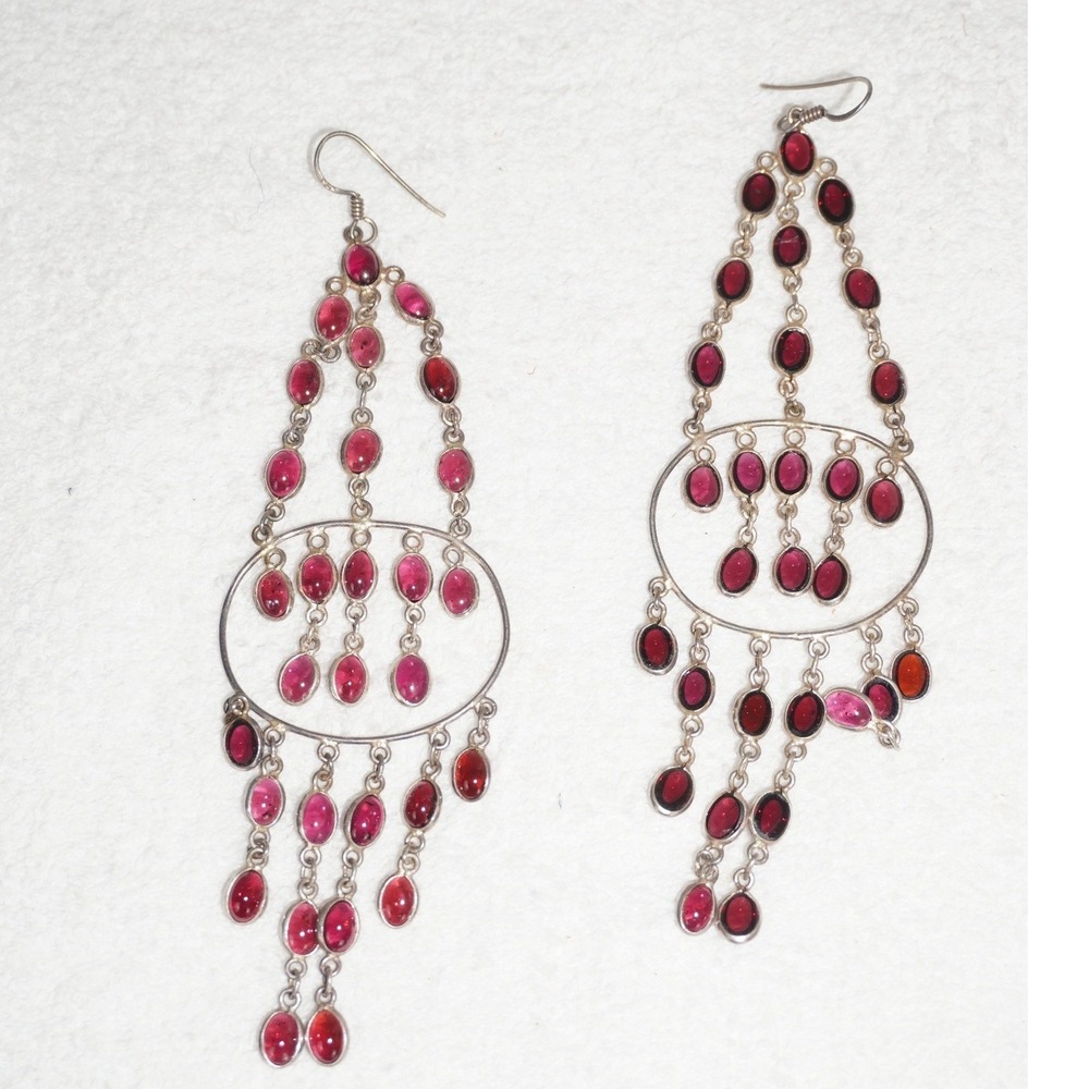 Brazilian Bohemian Chandelier Earrings Garnet Cabochon Silver 5" Statement